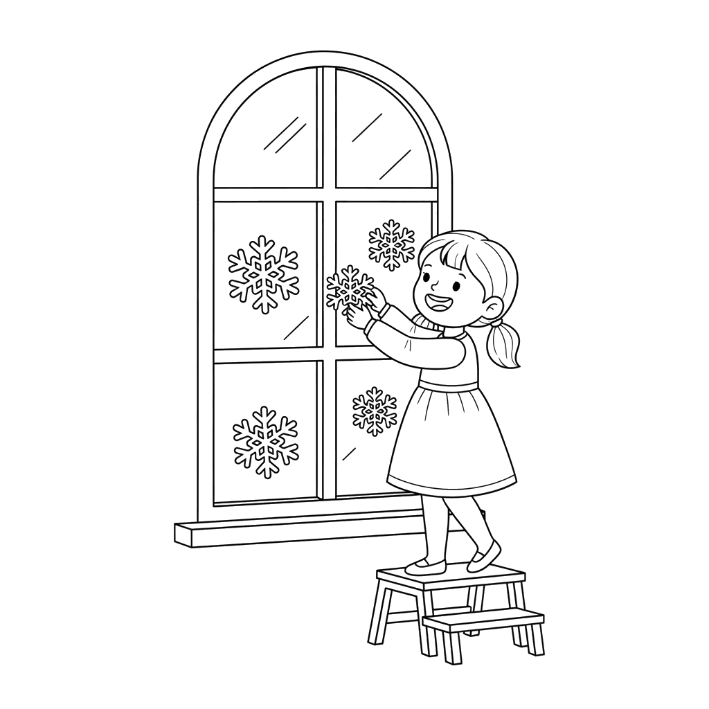 Girl Decorating Window with Snowflakes Coloring Page