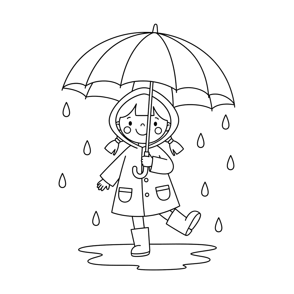 Girl with Umbrella in the Rain Coloring Page