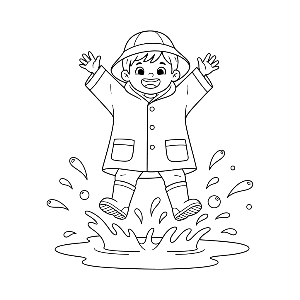Boy Jumping in Puddles Coloring Page