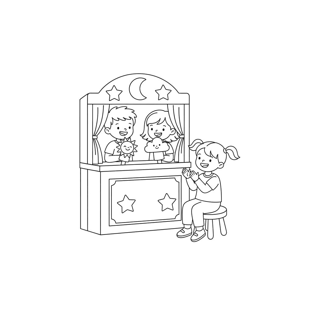 Kids Playing Puppet Theater Coloring Page