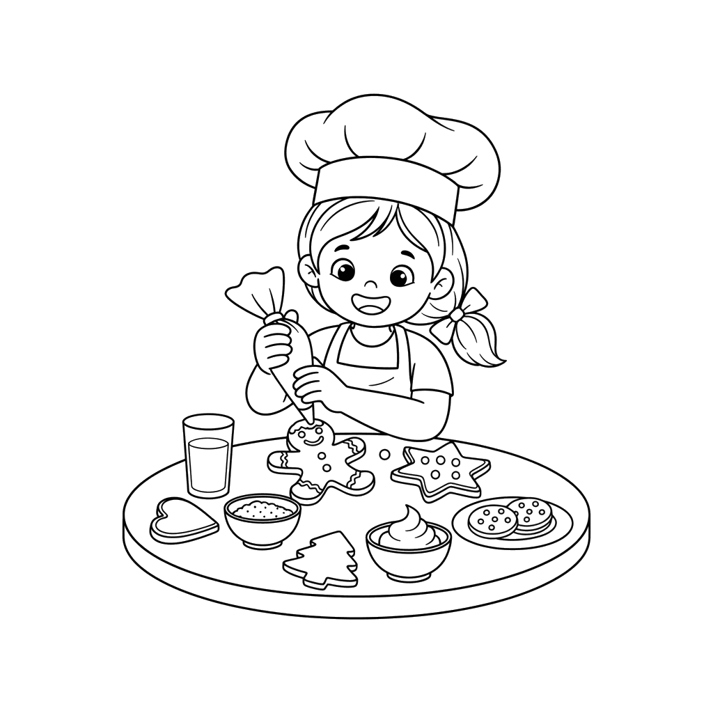 Children Decorating Gingerbread Cookies Coloring Page