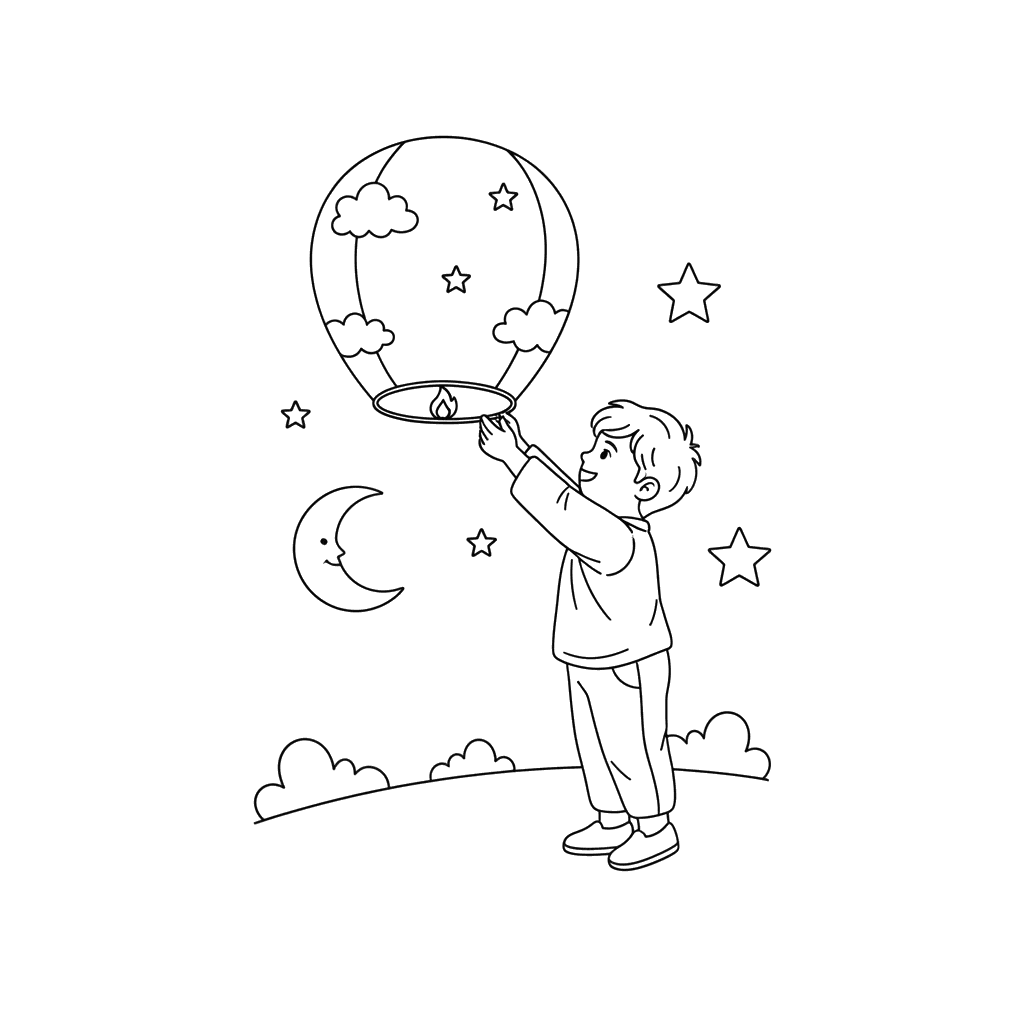 Boy Launching Sky Lantern Coloring Page