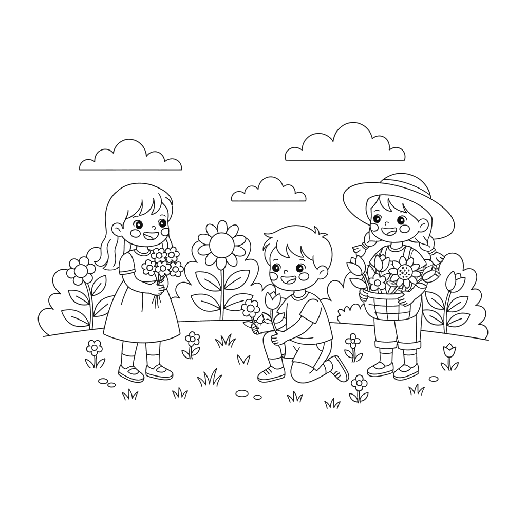 Children Gathering Flowers Coloring Page