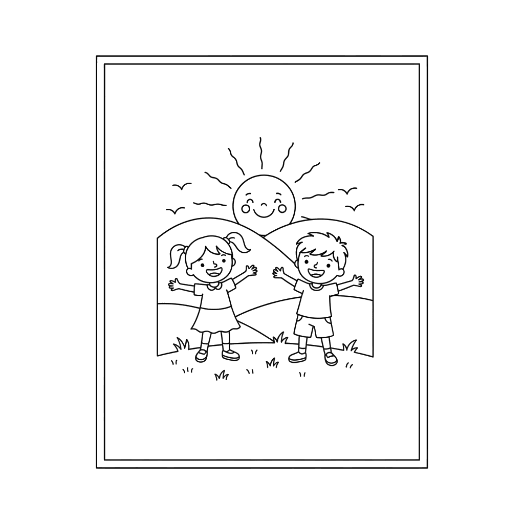 Kids Greeting Sunrise in Nature Coloring Page
