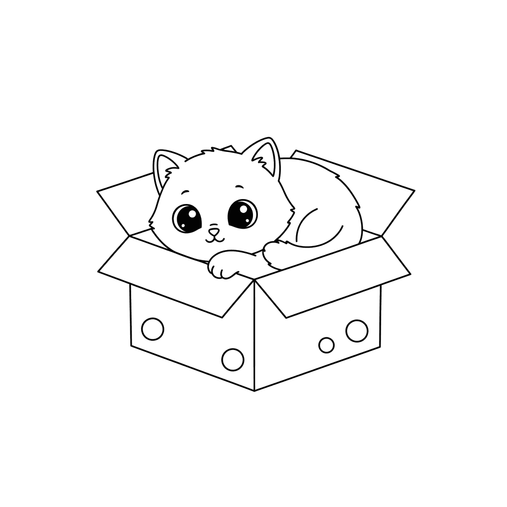 Cute Kitten in a Box Coloring Page