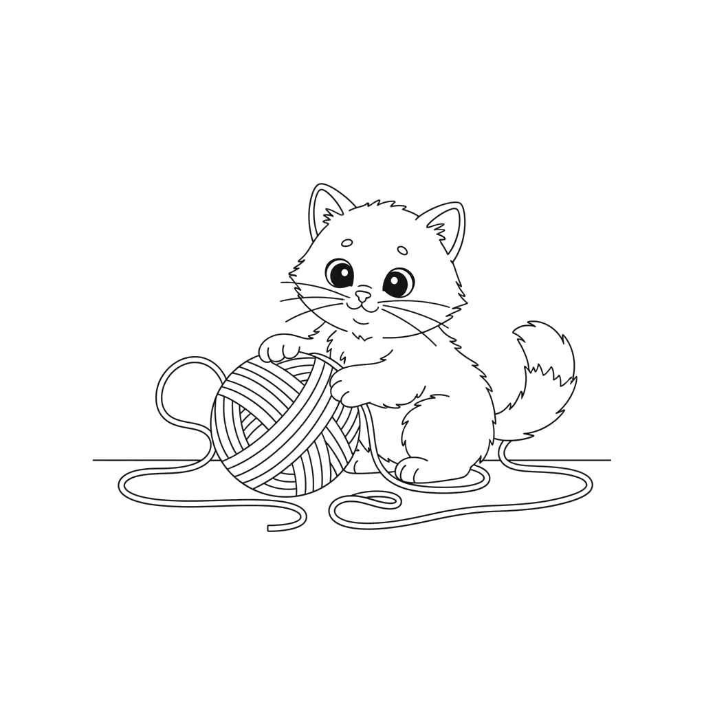 Cute Kitten Playing with a Ball of Yarn Coloring Page