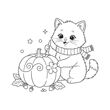 Kitten Decorating Pumpkin Coloring Page