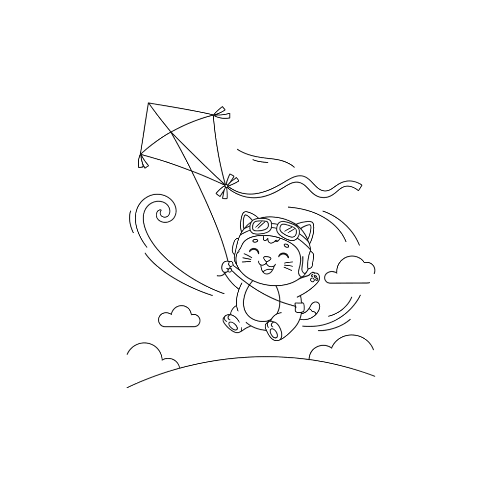 Kitten Flying a Kite Coloring Page