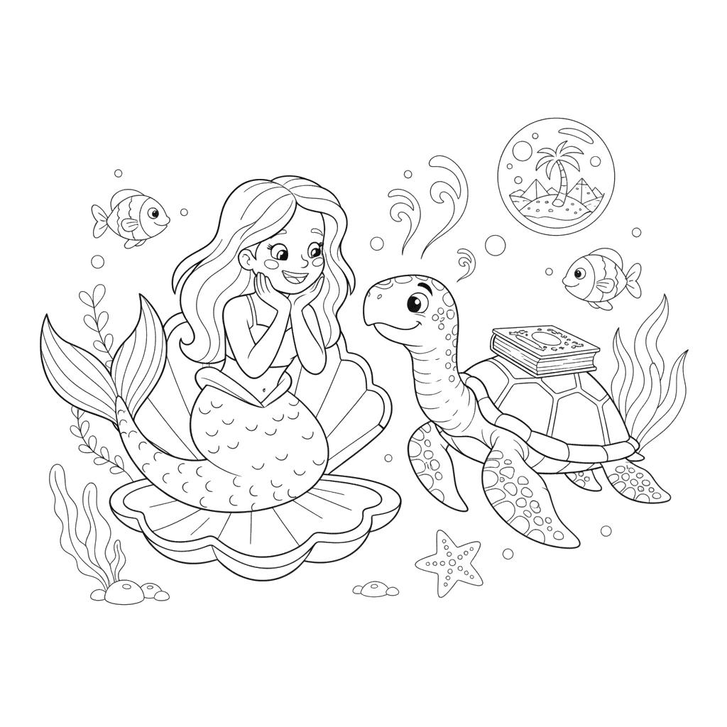 Mermaid and Wise Turtle Coloring Page