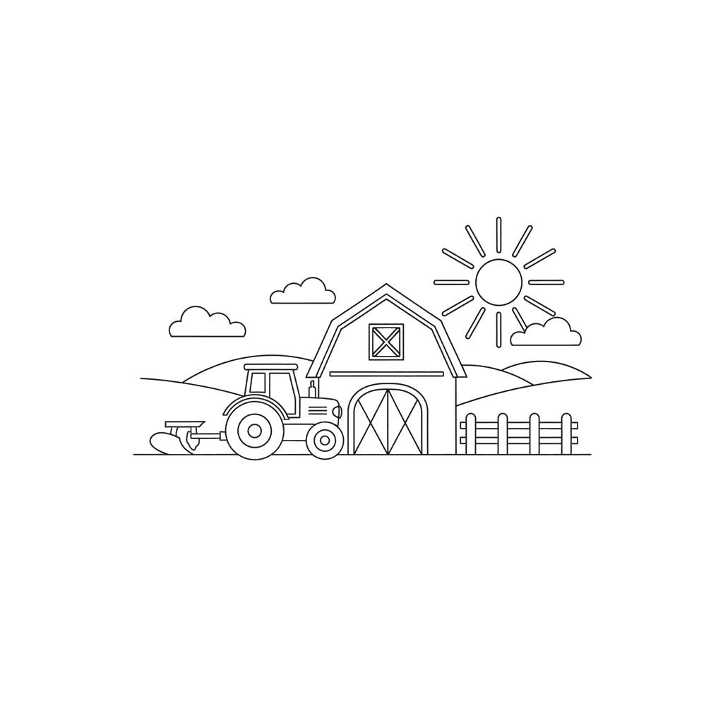 Tractor Working Near a Barn Coloring Page