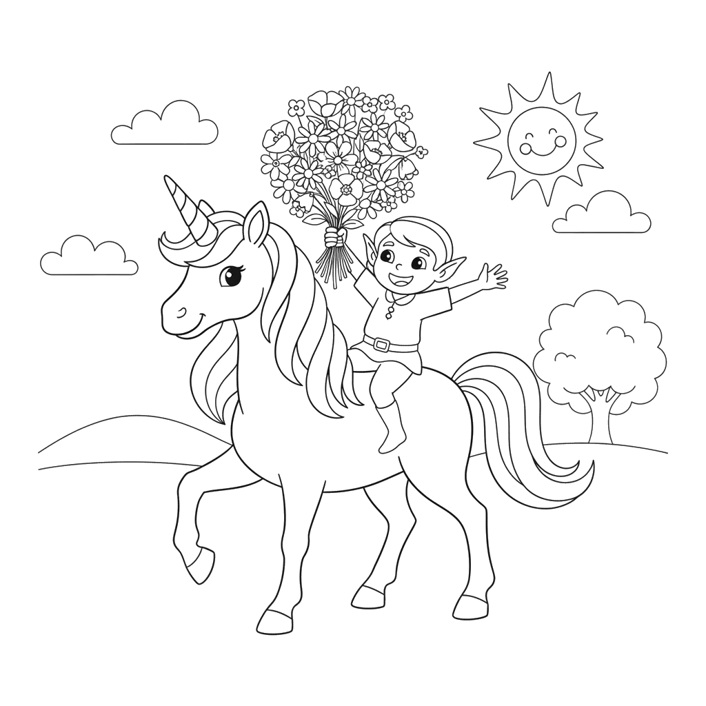 Unicorn and Elf with Flowers Coloring Page