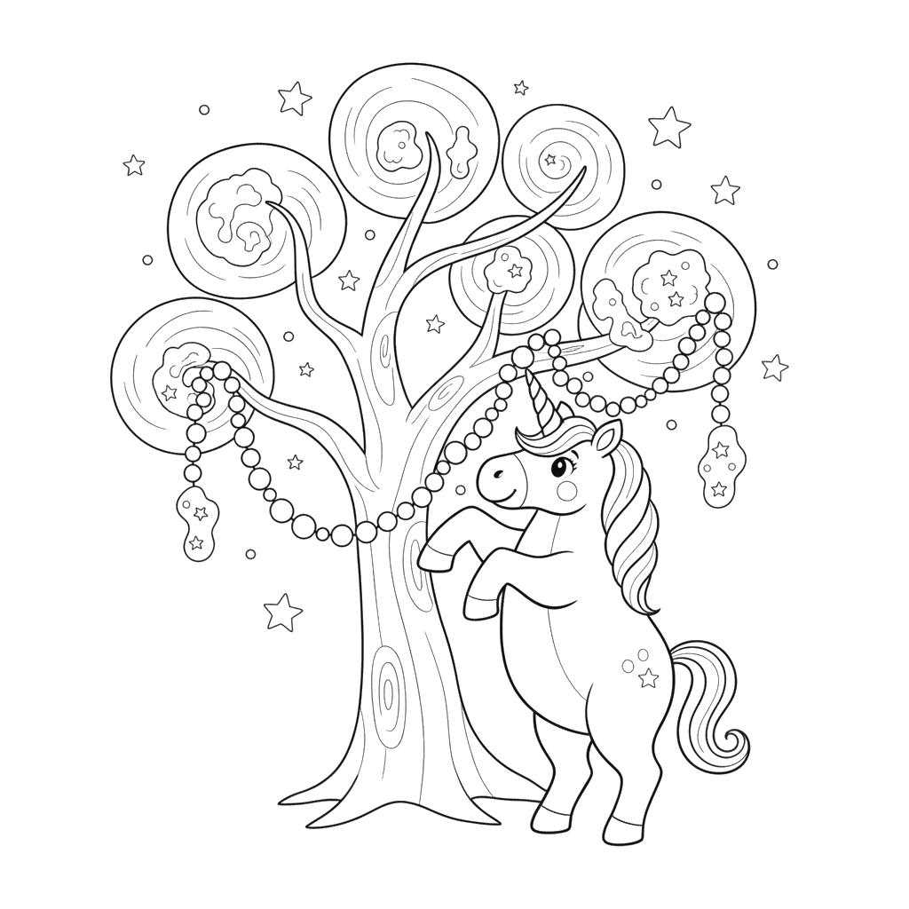 Unicorn Decorating for a Star Party Coloring Page