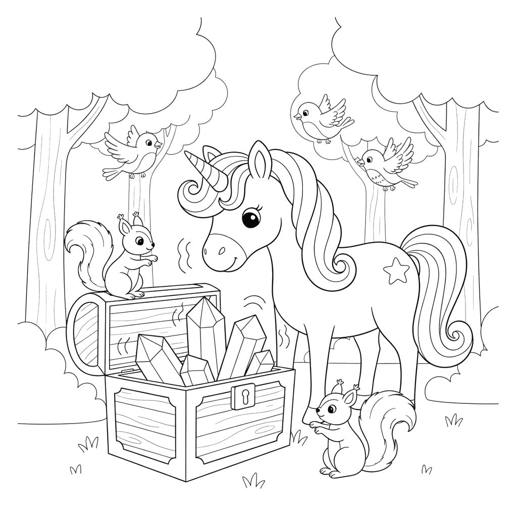 Unicorn's Magical Treasure Chest Coloring Page