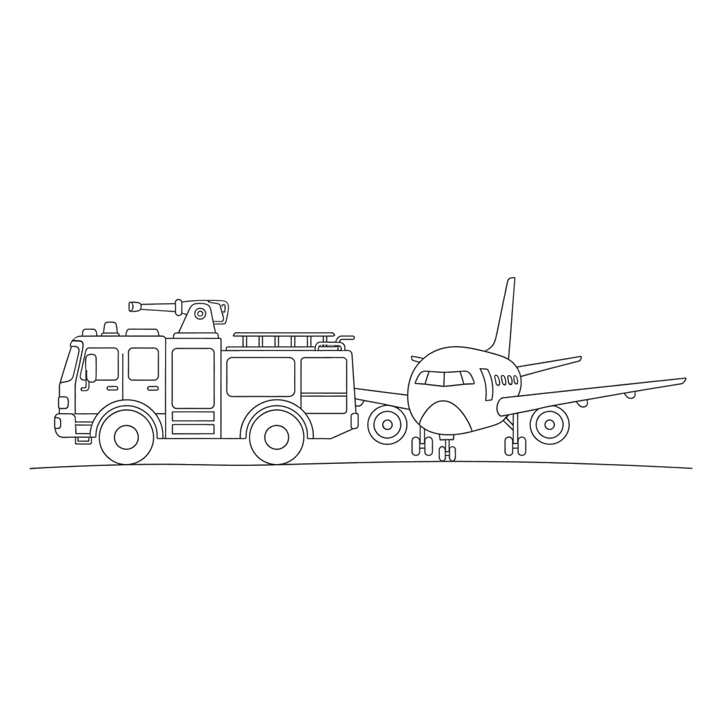 Airport Fire Truck and Airplane Coloring Page
