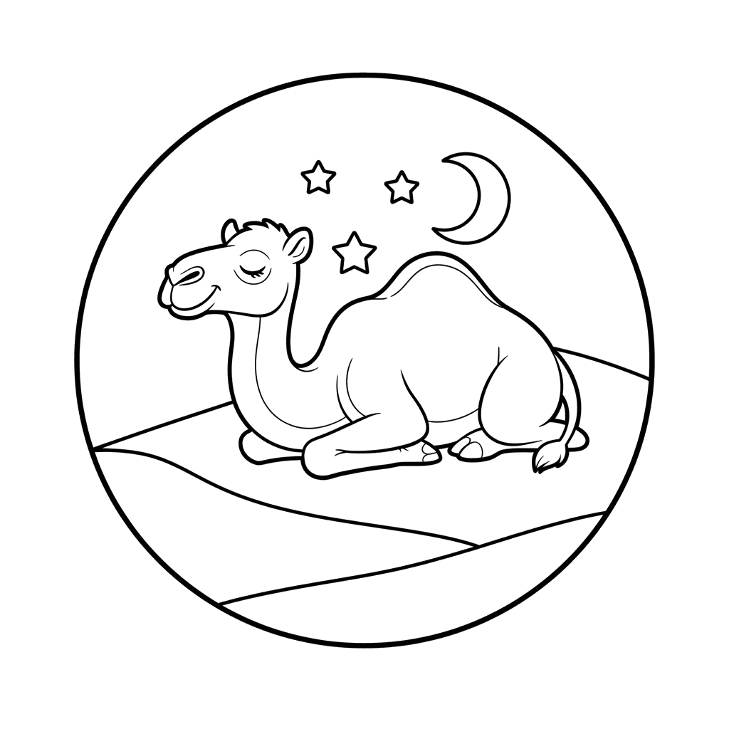 Sleepy Camel Under the Stars Coloring Page