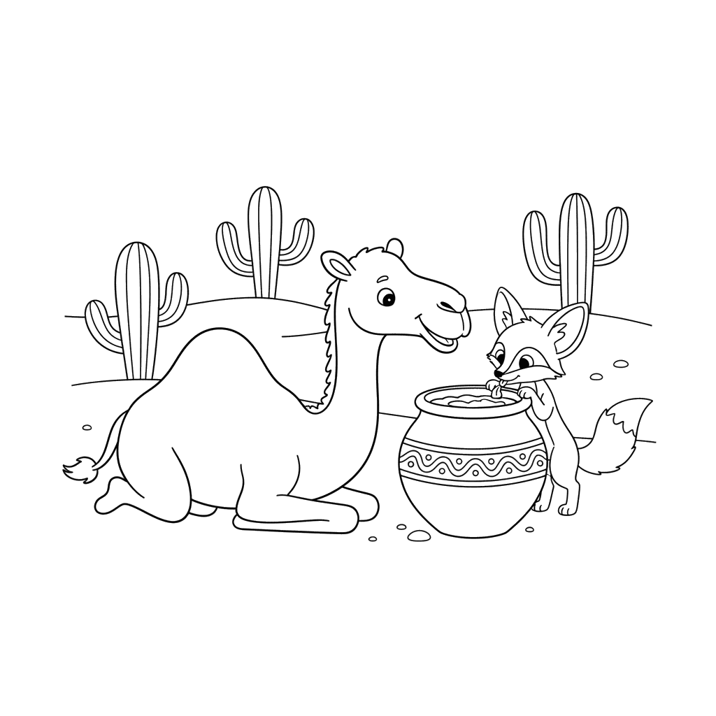 Camel and Desert Fox Sharing Water