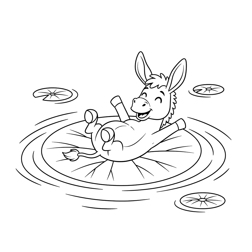 Donkey on a Lily Pad Coloring Page