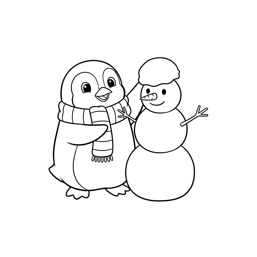 Penguin Building a Snowman Coloring Page