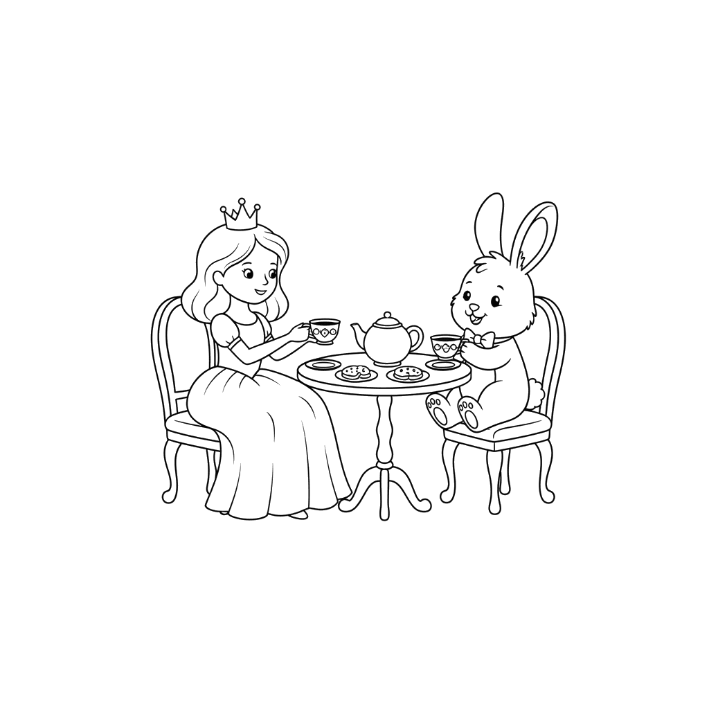Princess Tea Party with Bunny Coloring Page