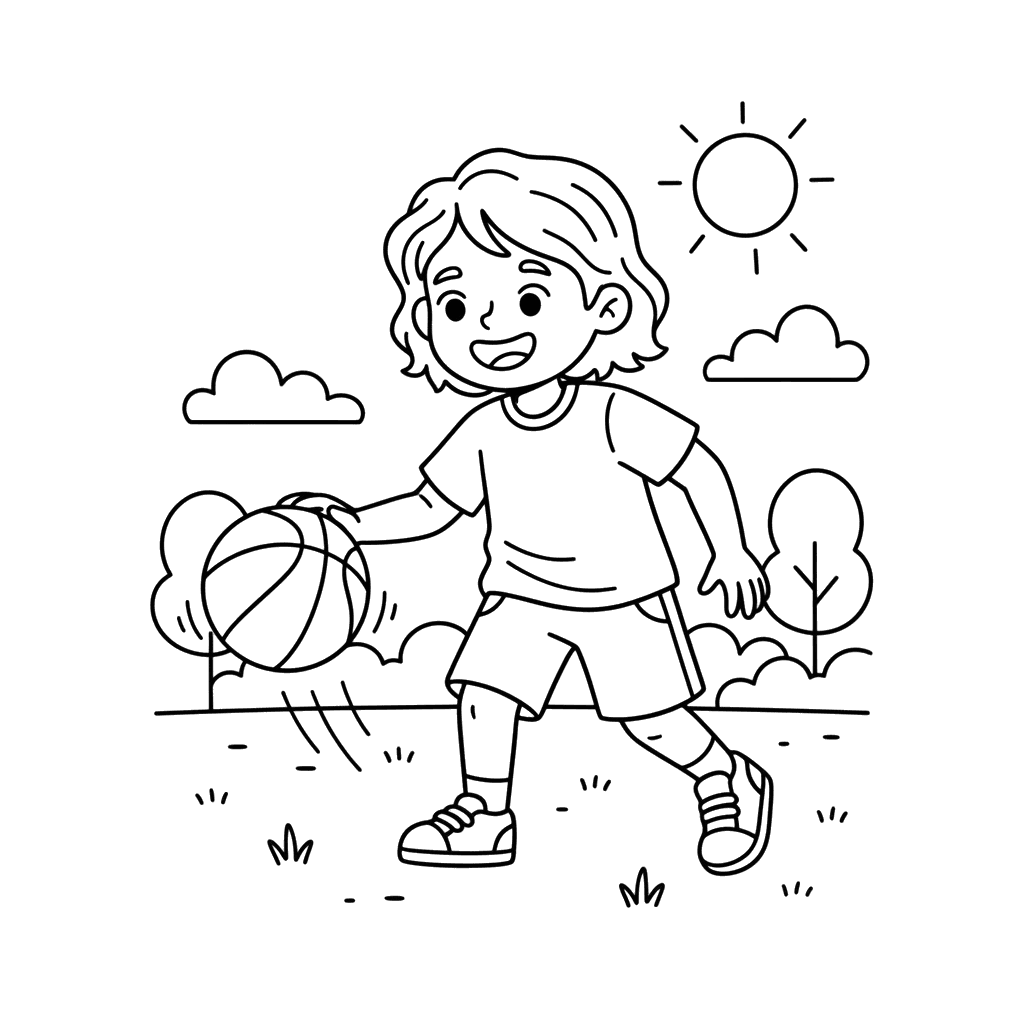 Kids Playing Basketball Coloring Page