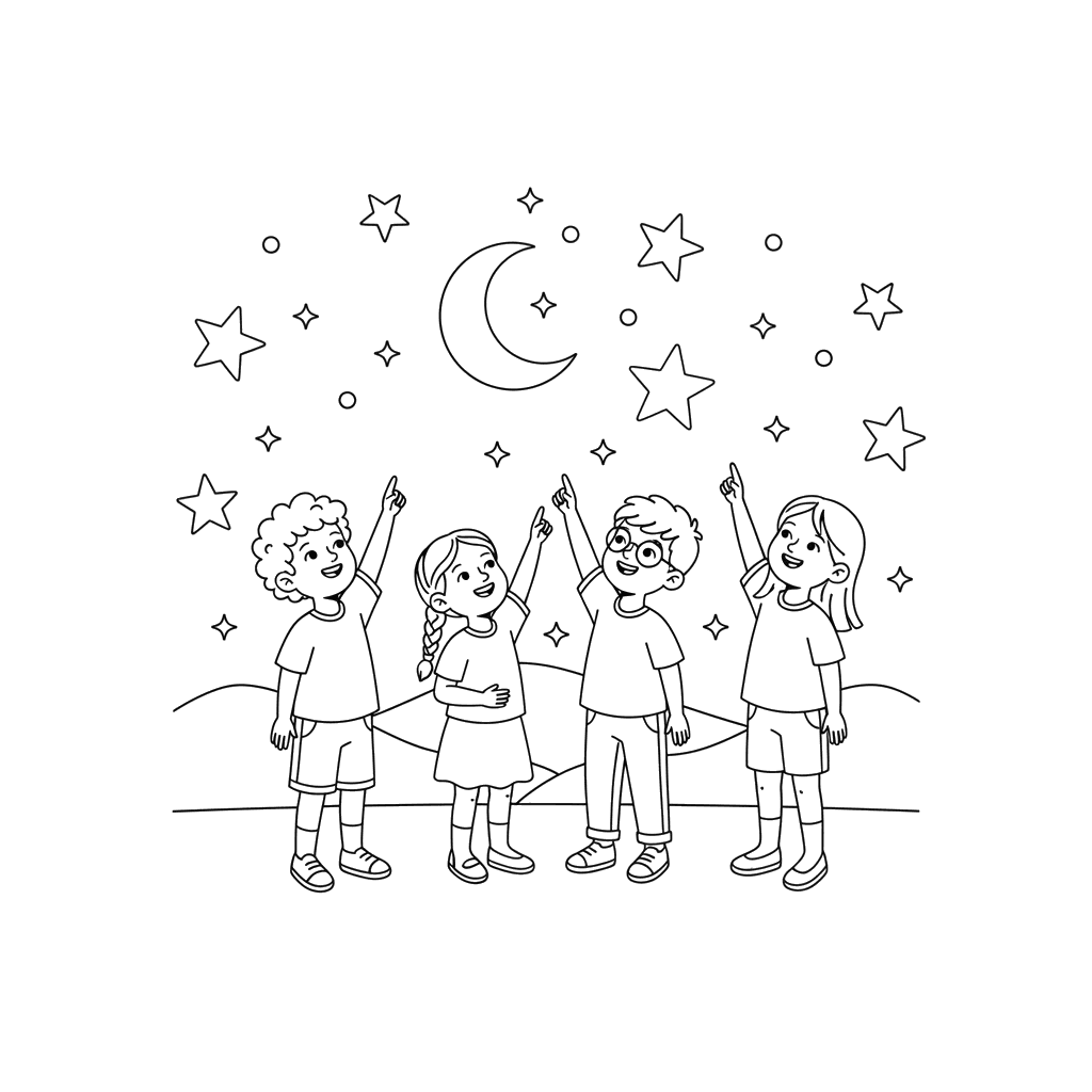 Kids Stargazing Coloring Page