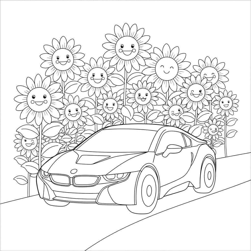 BMW Car in Sunflower Field Coloring Page