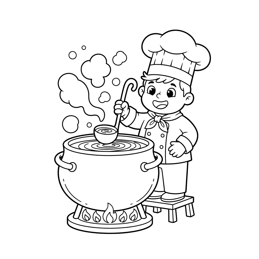 Happy Chef Stirring Soup Coloring Page