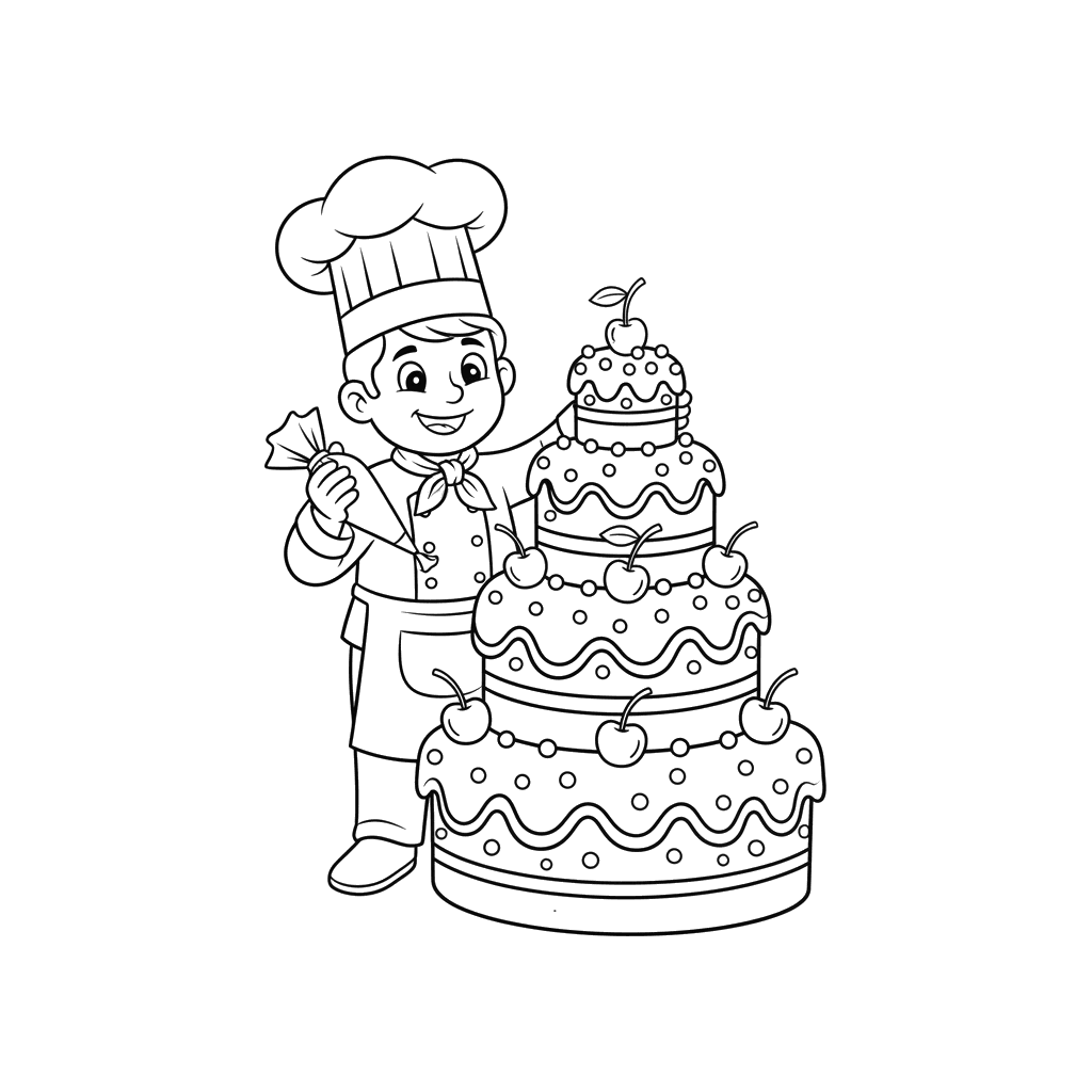Chef Decorating Cake Coloring Page