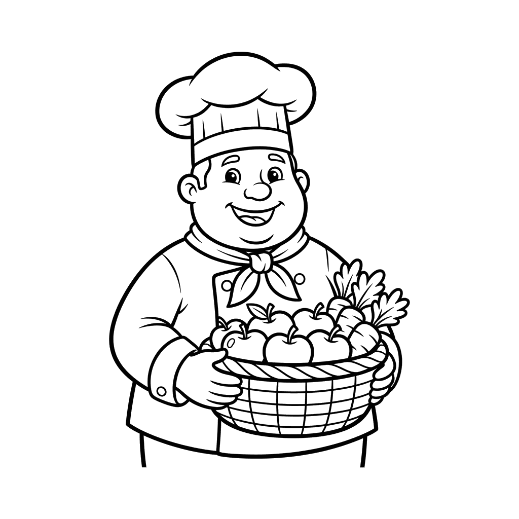 Friendly Chef with Apples and Carrots Coloring Page