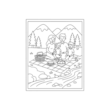 Family Picnic by a Mountain Stream Coloring Page