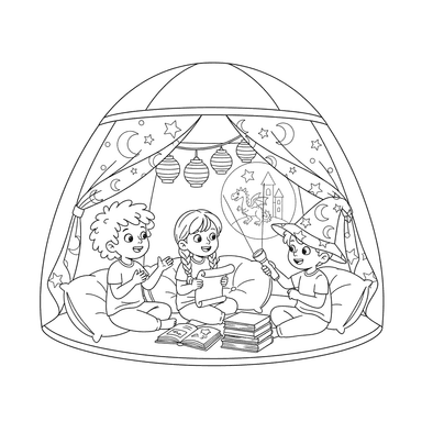 Kids Telling Stories in a Cozy Tent Coloring Page