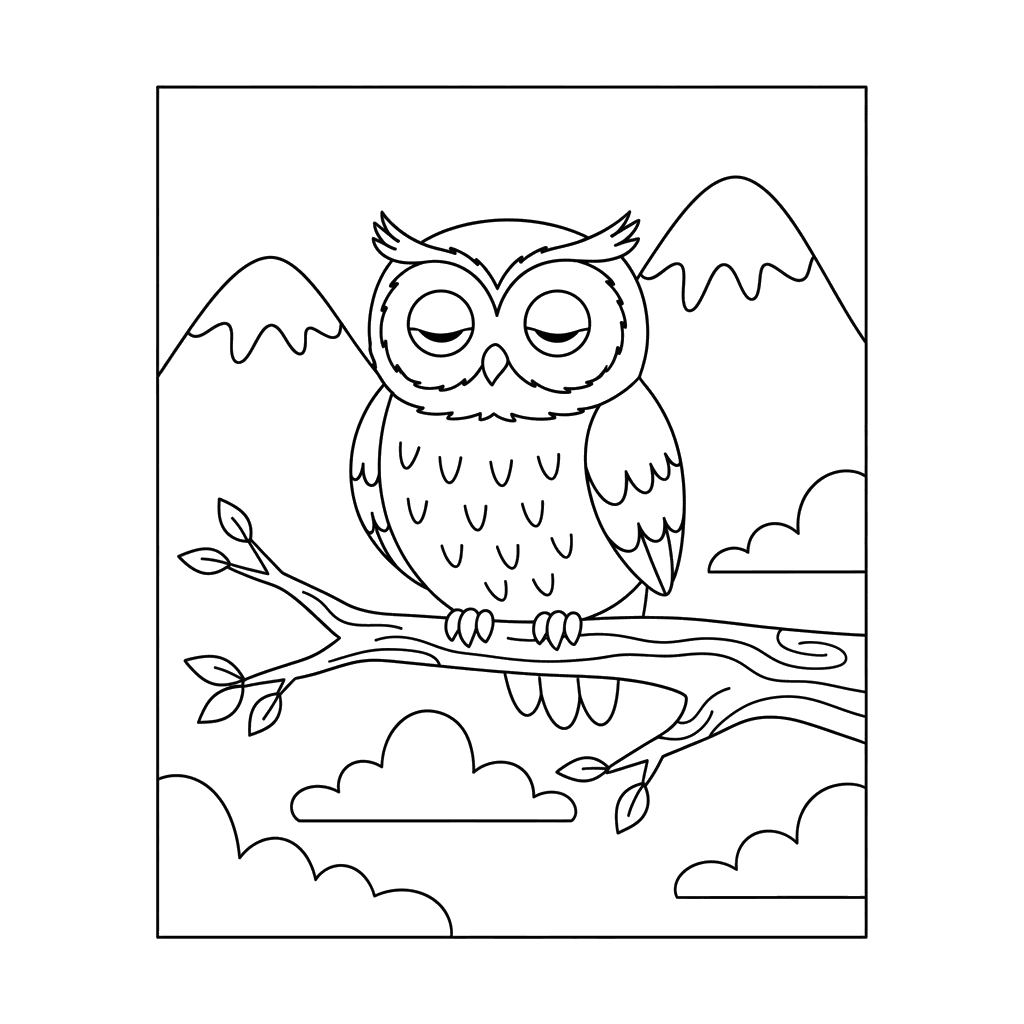 Sleepy Owl in the Mountains Coloring Page