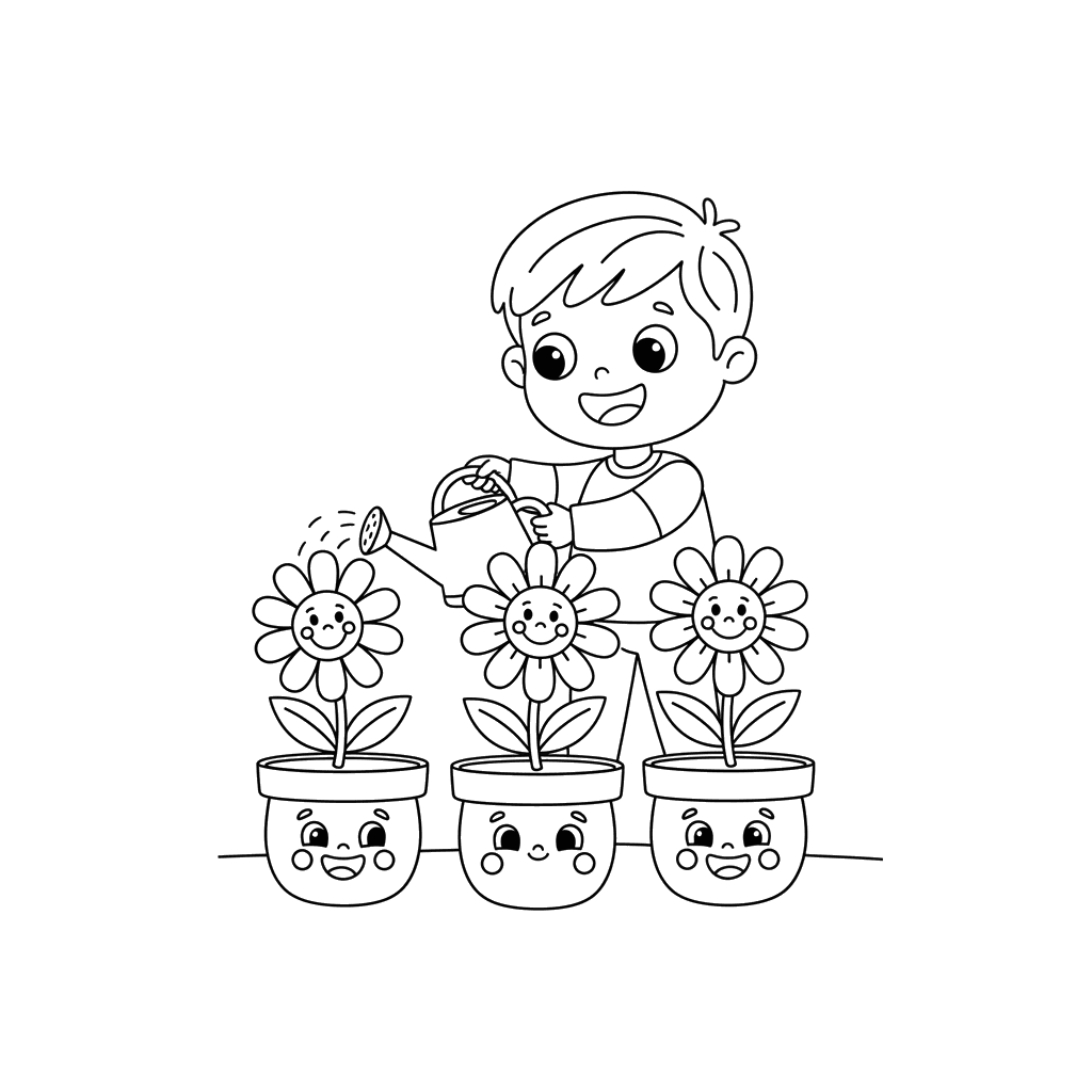 Child Watering Smiling Flowers Coloring Page
