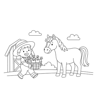 Boy Carrying Horse Feed Coloring Page
