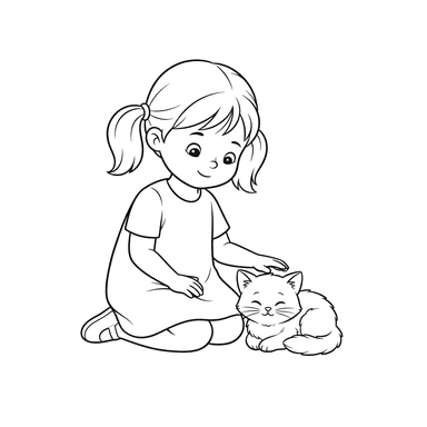 Girl Petting a Kitten Coloring Page