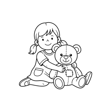 Coloriage: Fille jouant avec un ours en peluche