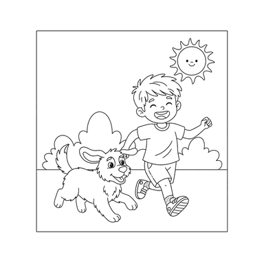 Ausmalbild: Junge spielt mit Hund im Garten