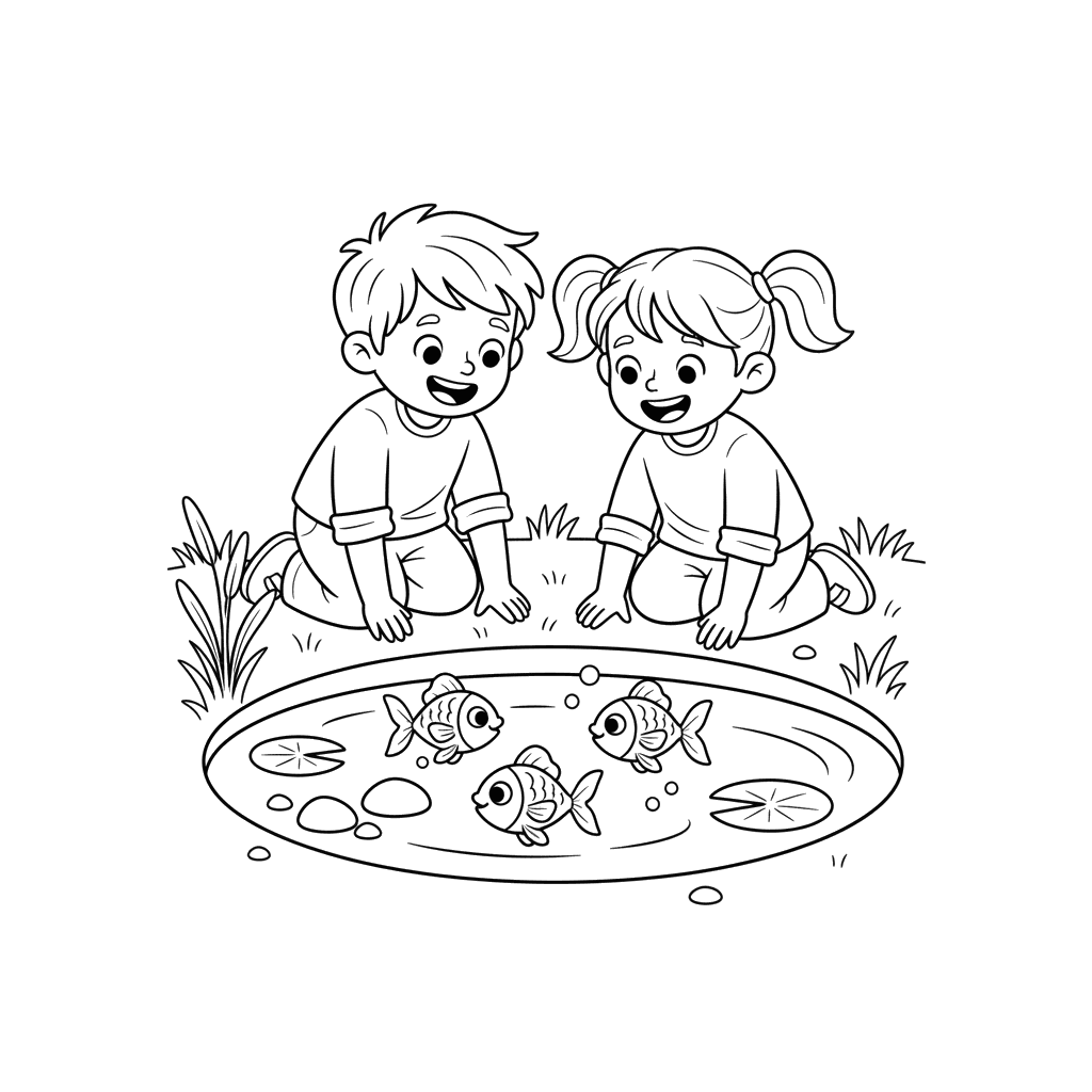 Kids Watching Fish in a Pond Coloring Page