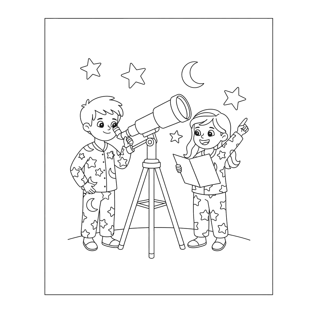 Kids Observing Stars with a Telescope Coloring Page
