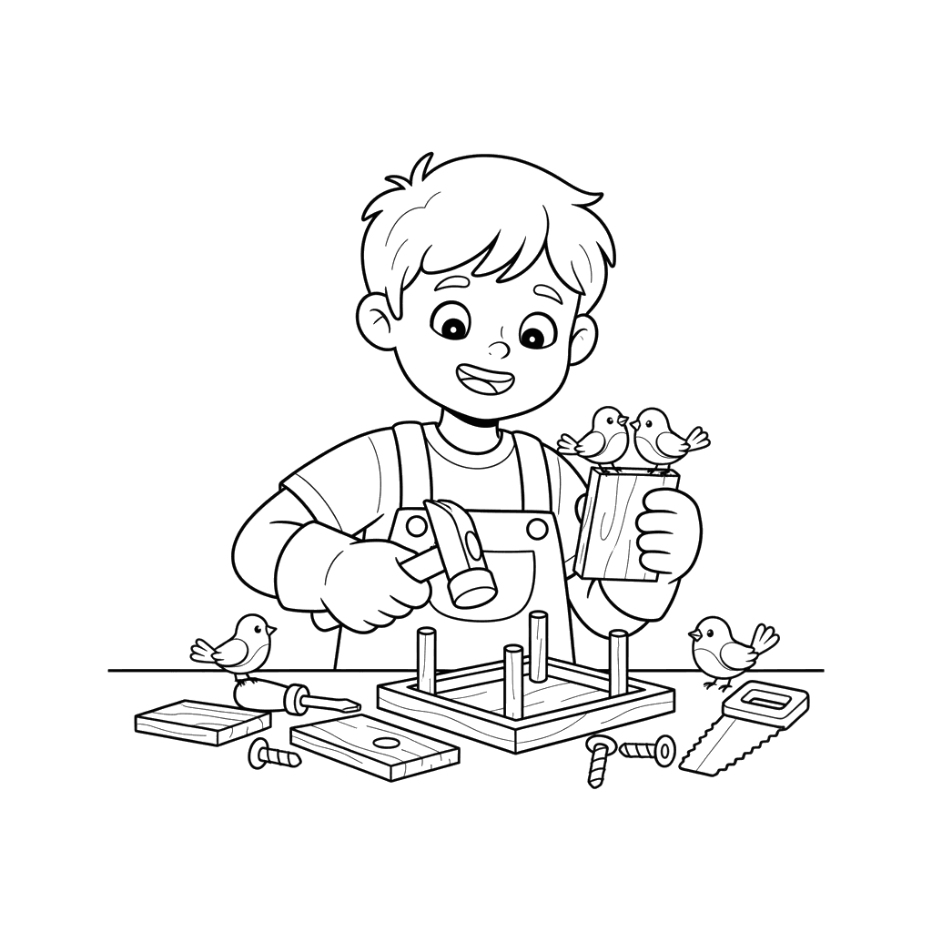 Boy Building a Bird Feeder Coloring Page