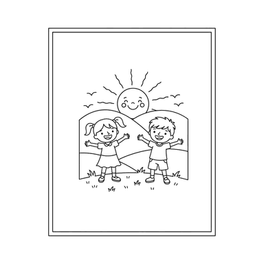 Kids Greeting Sunrise in Nature Coloring Page