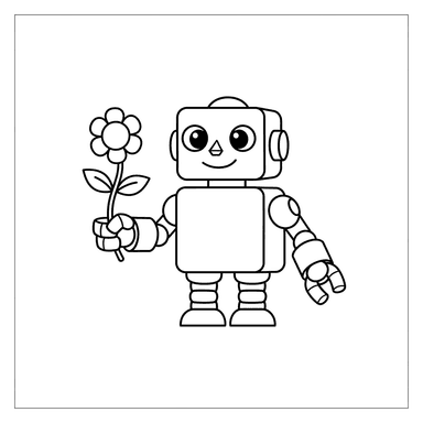 Kind Robot with a Flower Coloring Page