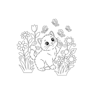 Cute Kitten in a Butterfly Garden Coloring Page