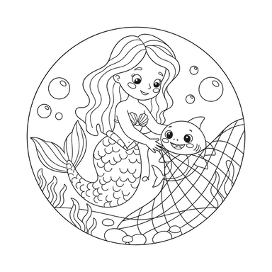 Mermaid Rescues Little Shark Coloring Page