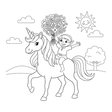 Unicorn and Elf with Flowers Coloring Page