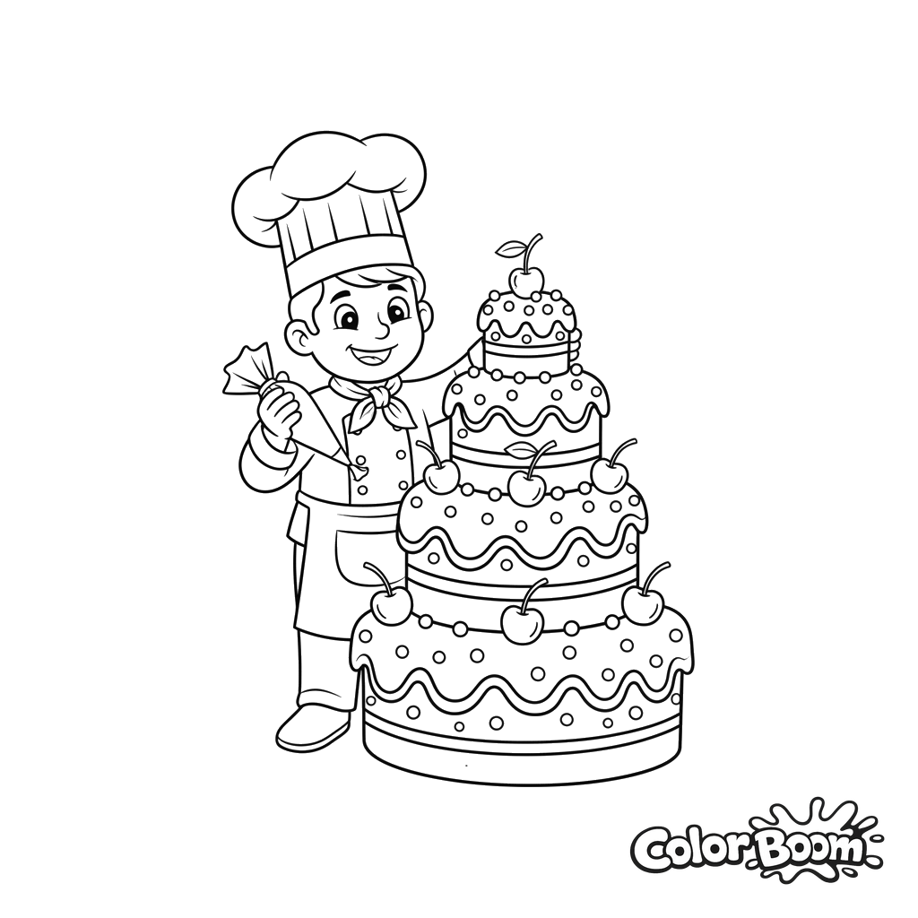 Chef Decorating Cake Coloring Page