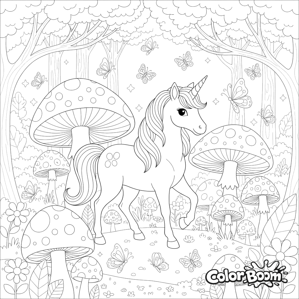Magical Unicorn Forest Coloring Page